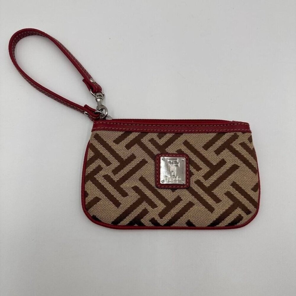 Tignanello Womens‎ Wristlet Coin Purse Brown Logo Print Red Trim Silver Tone